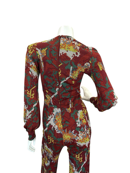 VTG 70S RED WHITE YELLOW GREEN SNAKESKIN DOTTY FLORAL DISCO JUMPSUIT 6 XS
