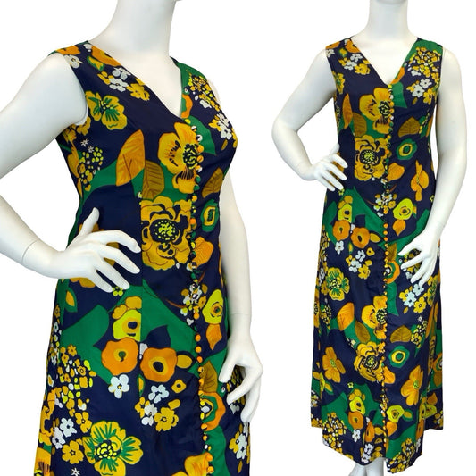 VTG 60S 70S BLUE ORANGE YELLOW GREEN PSYCHEDELIC FLORAL V NECK MAXI DRESS 16