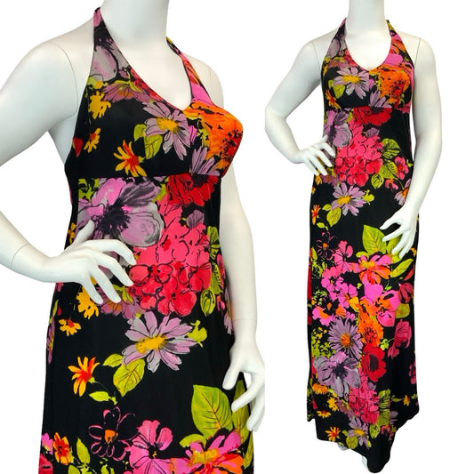 VTG 60S 70S BLACK PINK GREEN PURPLE RED FLORAL HALTER NECK MAXI DRESS 14 16