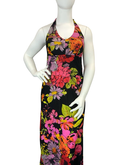 VTG 60S 70S BLACK PINK GREEN PURPLE RED FLORAL HALTER NECK MAXI DRESS 14 16