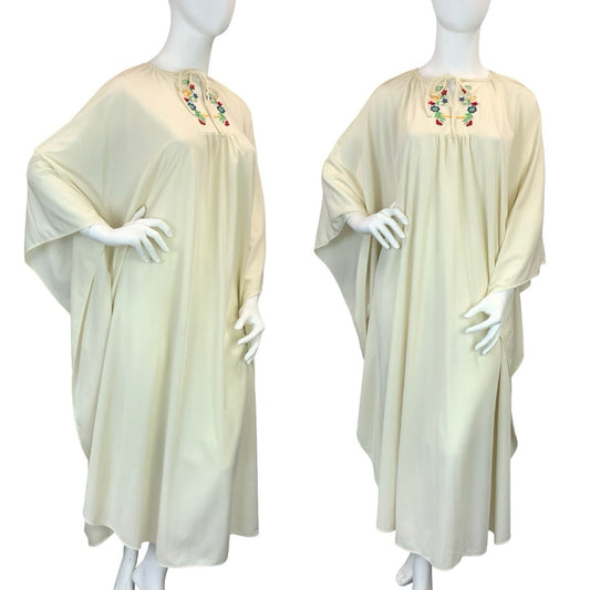 VTG 60S 70S CREAM RED BLUE YELLOW FOLK BOHO FLORAL KAFTAN MAXI DRESS 18