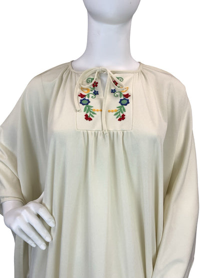 VTG 60S 70S CREAM RED BLUE YELLOW FOLK BOHO FLORAL KAFTAN MAXI DRESS 18