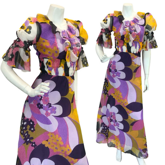 VTG 70S STYLE PURPLE YELLOW PINK BLACK FLORAL PUFF SLEEVE RUFFLE MAXI DRESS 4