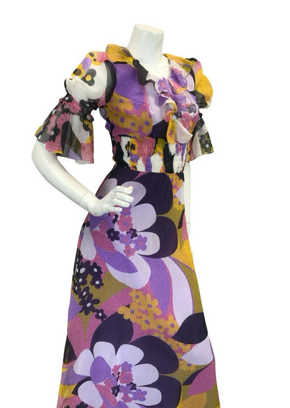 VTG 70S STYLE PURPLE YELLOW PINK BLACK FLORAL PUFF SLEEVE RUFFLE MAXI DRESS 4