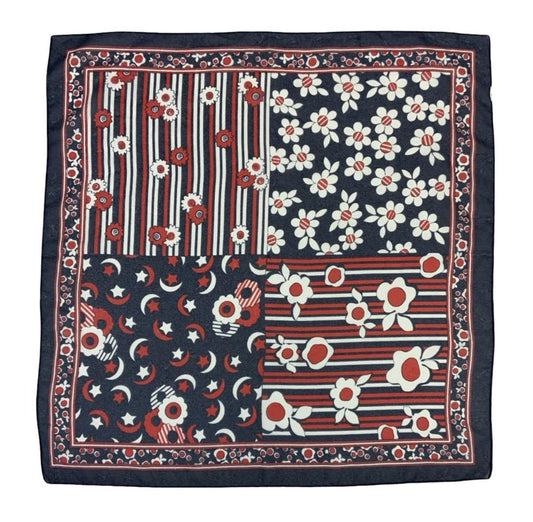 VTG 60S 70S MOD GEOMETRIC RED WHITE BLUE STRIPE FLORAL STAR MOON CELESTIAL SCARF