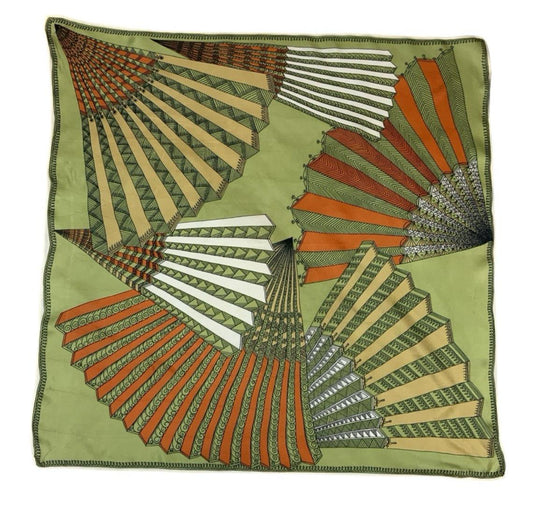VTG 60S 70S GREEN ORANGE BLACK CREAM GEOMETRIC FAN SCARF