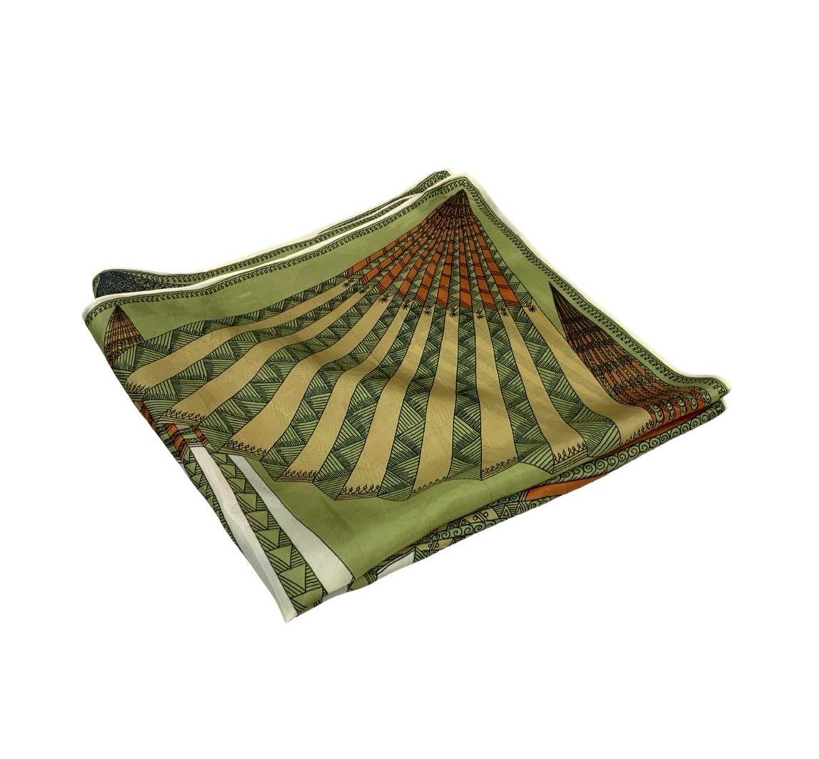 VTG 60S 70S GREEN ORANGE BLACK CREAM GEOMETRIC FAN SCARF