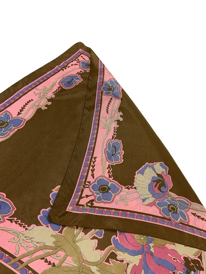VTG 60S 70S BROWN PINK BLUE ART NOUVEAU FLORAL SCARF