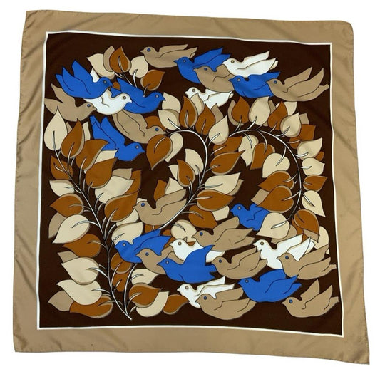 VTG 60S 70S BEIGE BROWN BLUE LEAFY VINE BIRD DOVE SCARF