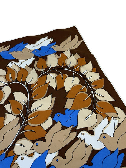 VTG 60S 70S BEIGE BROWN BLUE LEAFY VINE BIRD DOVE SCARF