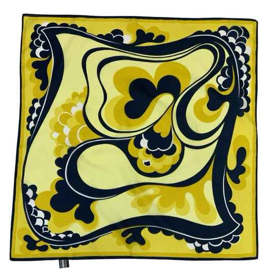 VTG 60S 70S YELLOW NAVY BLUE WHITE PSYCHEDELIC ART NOUVEAU SWIRL SCARF