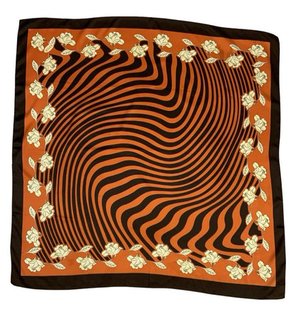 VTG 60S 70S ORANGE BROWN CREAM GEOMETRIC OP ART WAVY ROSE SCARF