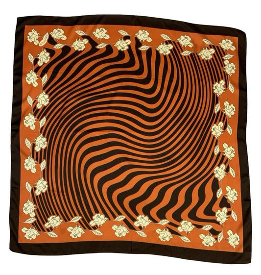 VTG 60S 70S ORANGE BROWN CREAM GEOMETRIC OP ART WAVY ROSE SCARF