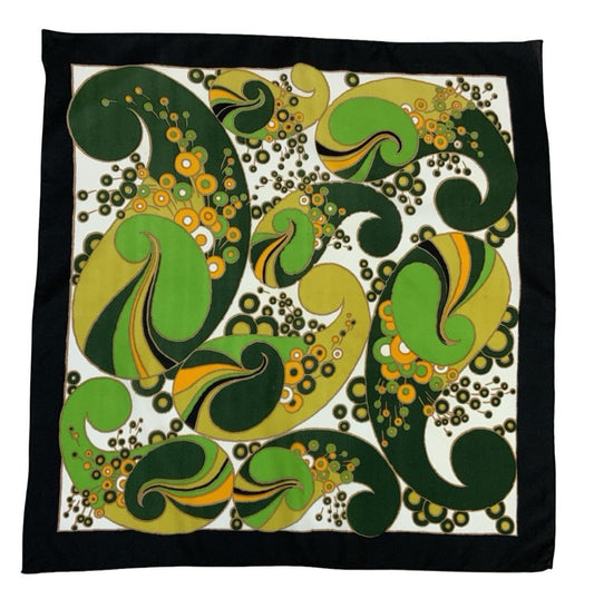 VTG 60S 70S GREEN WHITE BLACK ORANGE GEOMETRIC PSYCHEDELIC PAISLEY DOTTY SCARF