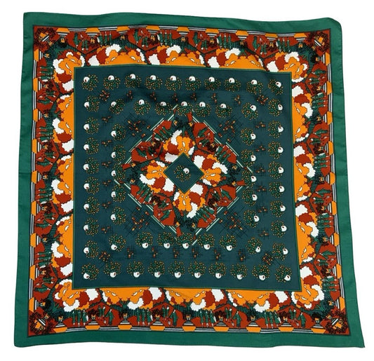 VTG 60S 70S GREEN ORANGE BROWN GEOMETRIC ART DECO WOMEN FLORAL TREE SCARF