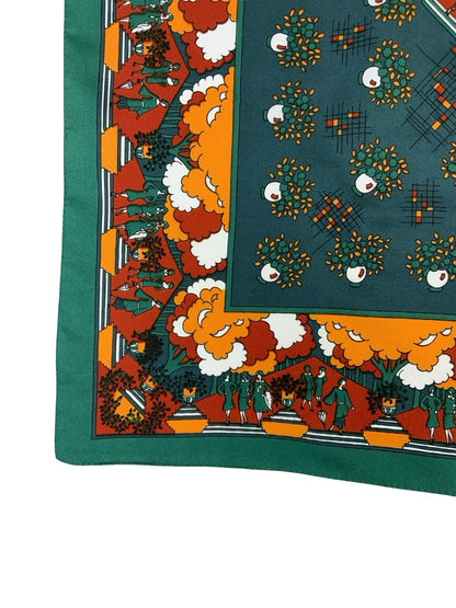 VTG 60S 70S GREEN ORANGE BROWN GEOMETRIC ART DECO WOMEN FLORAL TREE SCARF