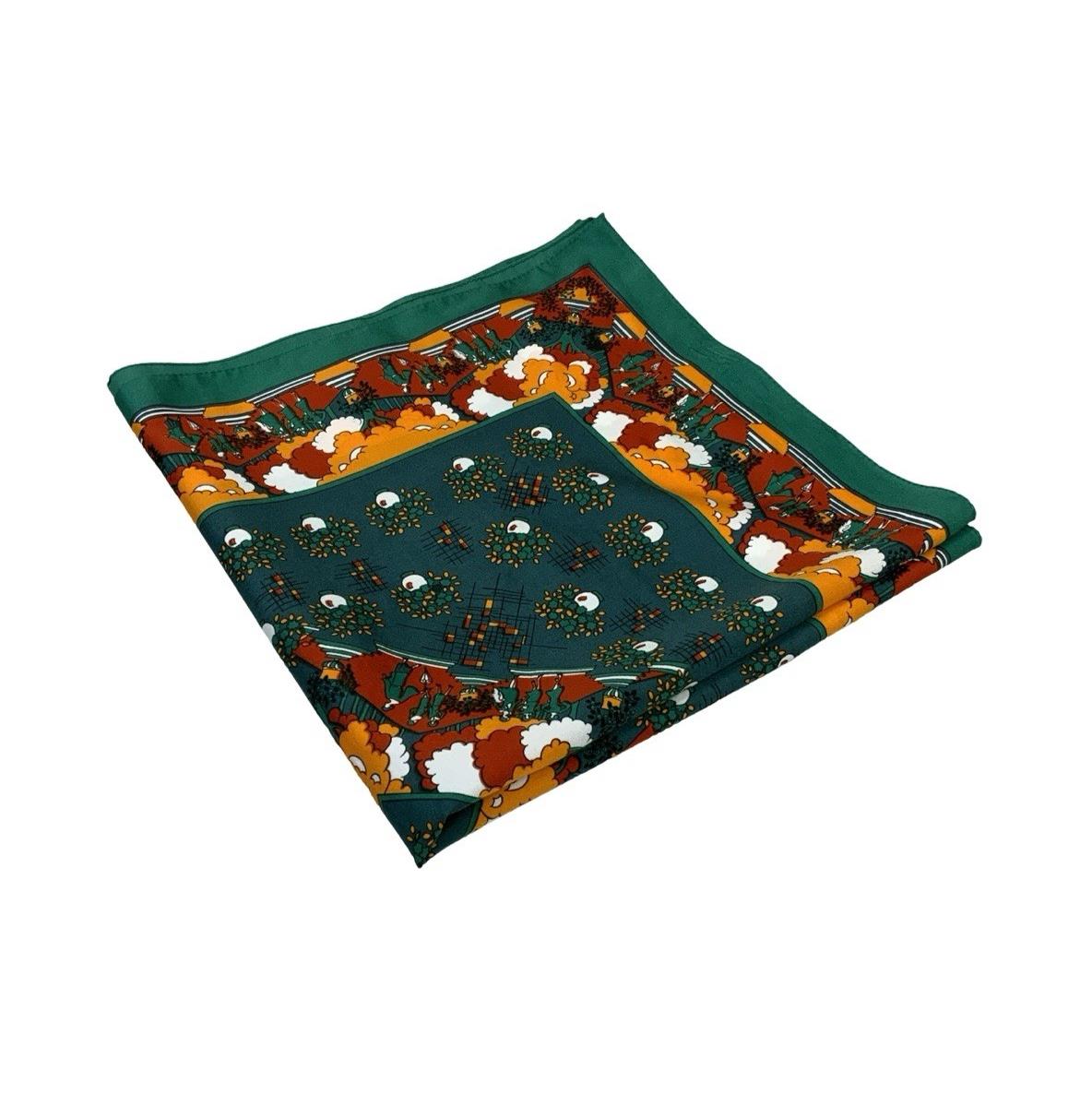 VTG 60S 70S GREEN ORANGE BROWN GEOMETRIC ART DECO WOMEN FLORAL TREE SCARF