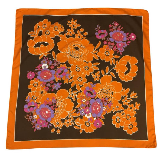VTG 60S 70S ORANGE BROWN PINK WHITE BOHO PSYCHEDELIC FLORAL SCARF