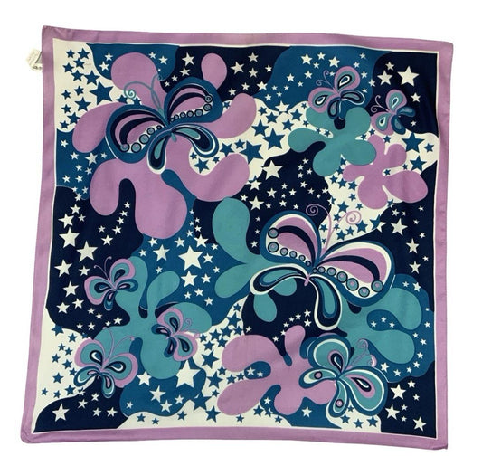 VTG 60S 70S LILAC PURPLE BLUE NAVY WHITE PSYCHEDELIC BUTTERFLY STAR SWIRL SCARF