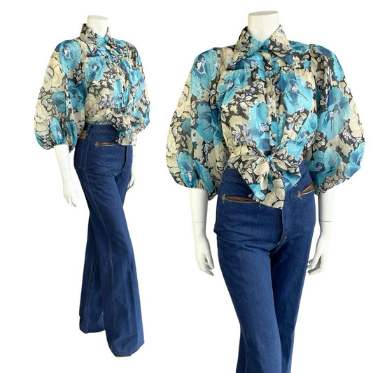 VTG 70S BLUE BEIGE FLORAL DAGGER COLLAR PUFF BATWING TIE WAIST CROP SHIRT 10