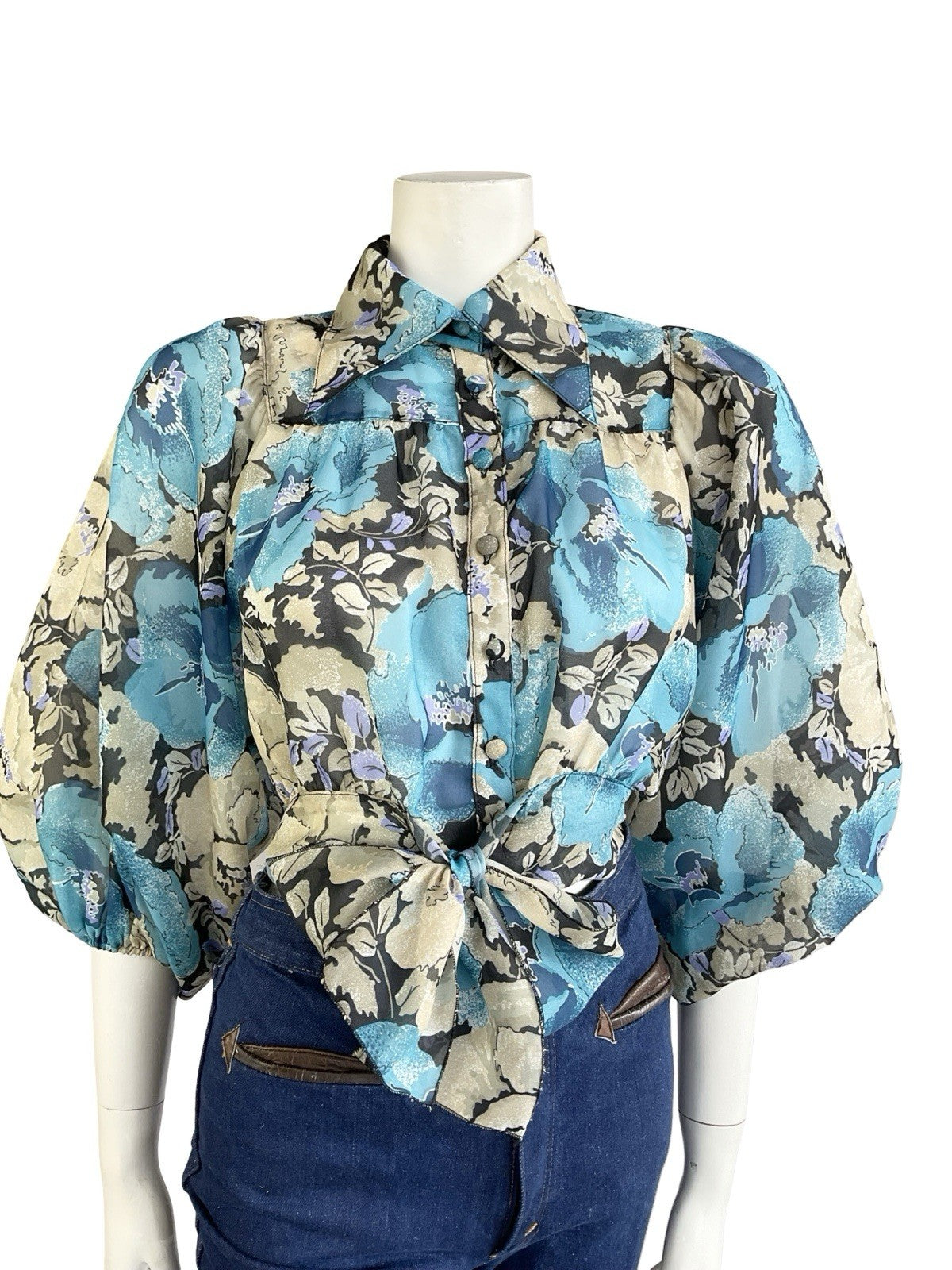 VTG 70S BLUE BEIGE FLORAL DAGGER COLLAR PUFF BATWING TIE WAIST CROP SHIRT 10