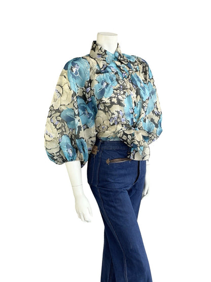 VTG 70S BLUE BEIGE FLORAL DAGGER COLLAR PUFF BATWING TIE WAIST CROP SHIRT 10