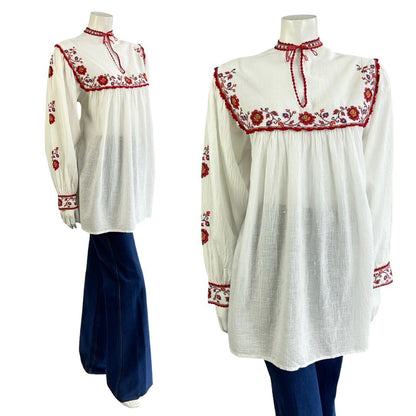 VTG 70S WHITE COTTON RED EMBROIDERED FLORAL CROSS STITCH FOLK SMOCK TOP 12 10