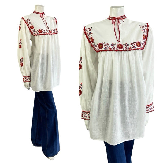 VTG 70S WHITE COTTON RED EMBROIDERED FLORAL CROSS STITCH FOLK SMOCK TOP 12 10