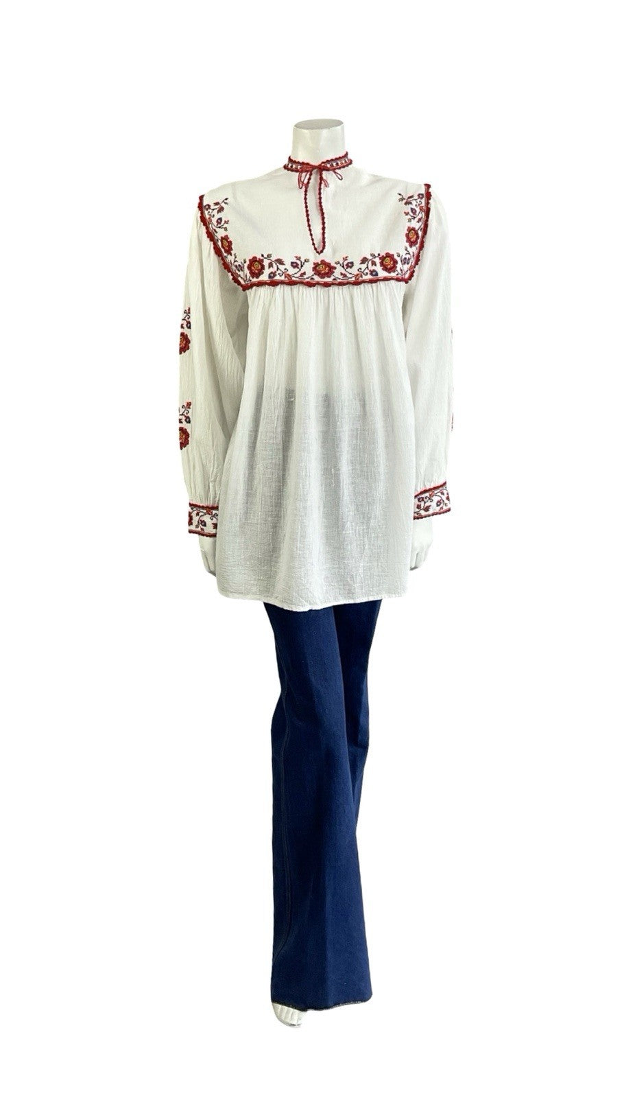 VTG 70S WHITE COTTON RED EMBROIDERED FLORAL CROSS STITCH FOLK SMOCK TOP 12 10