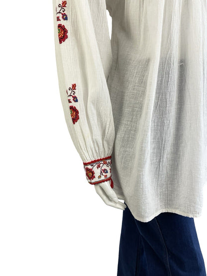 VTG 70S WHITE COTTON RED EMBROIDERED FLORAL CROSS STITCH FOLK SMOCK TOP 12 10