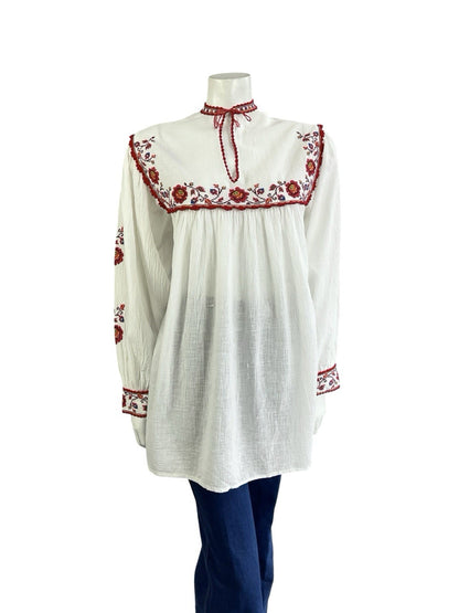 VTG 70S WHITE COTTON RED EMBROIDERED FLORAL CROSS STITCH FOLK SMOCK TOP 12 10