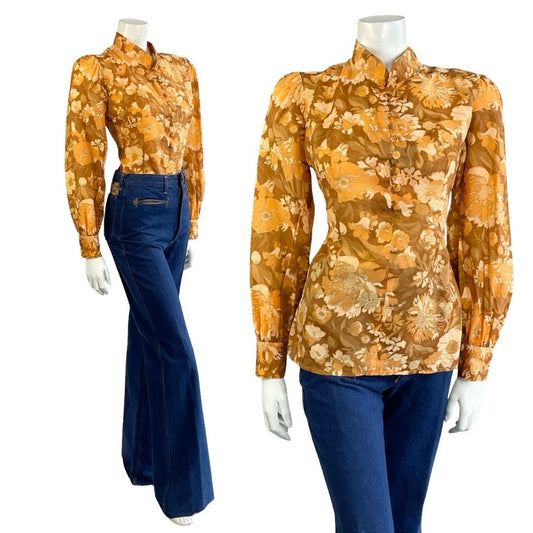 VTG 60S 70S ORANGE BEIGE BROWN HIPPY PSYCHEDELIC FLORAL MANDARIN COLLAR SHIRT 12