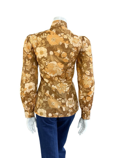 VTG 60S 70S ORANGE BEIGE BROWN HIPPY PSYCHEDELIC FLORAL MANDARIN COLLAR SHIRT 12