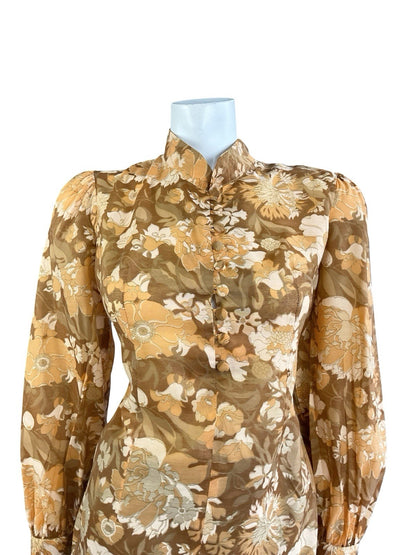 VTG 60S 70S ORANGE BEIGE BROWN HIPPY PSYCHEDELIC FLORAL MANDARIN COLLAR SHIRT 12