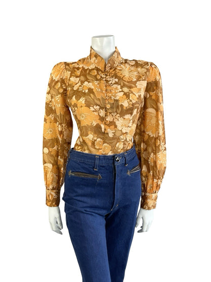 VTG 60S 70S ORANGE BEIGE BROWN HIPPY PSYCHEDELIC FLORAL MANDARIN COLLAR SHIRT 12