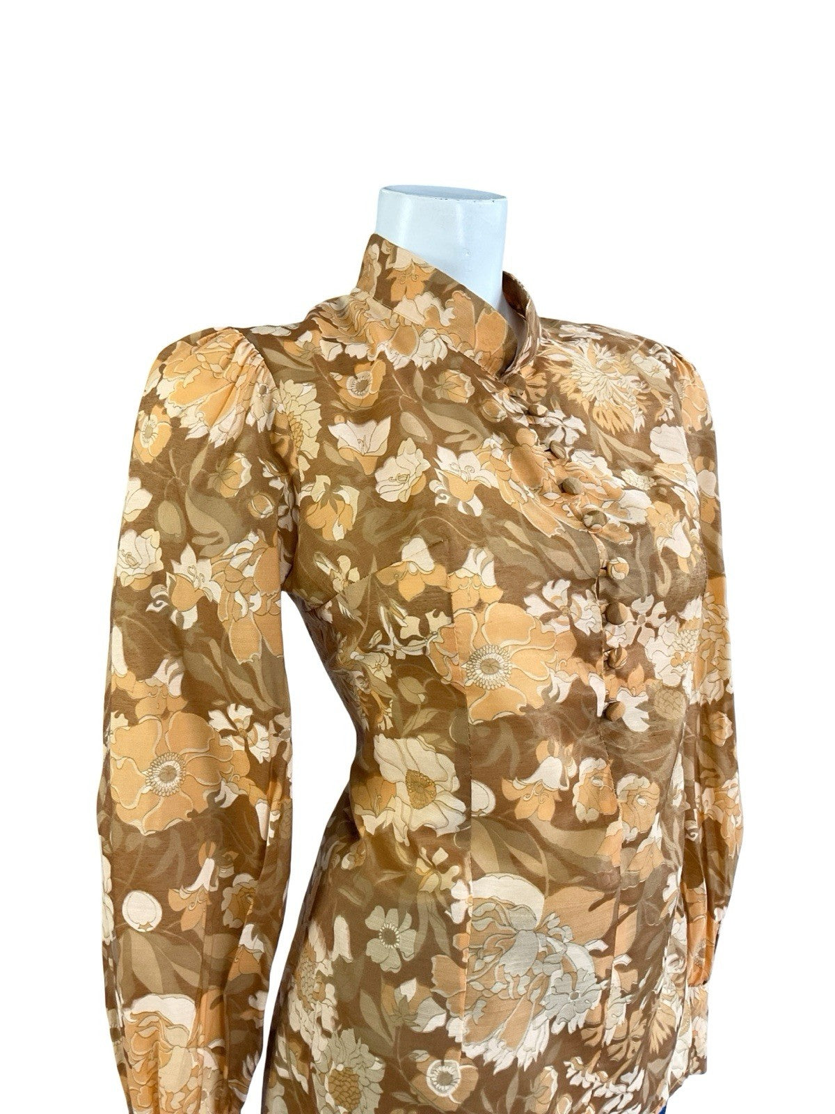 VTG 60S 70S ORANGE BEIGE BROWN HIPPY PSYCHEDELIC FLORAL MANDARIN COLLAR SHIRT 12