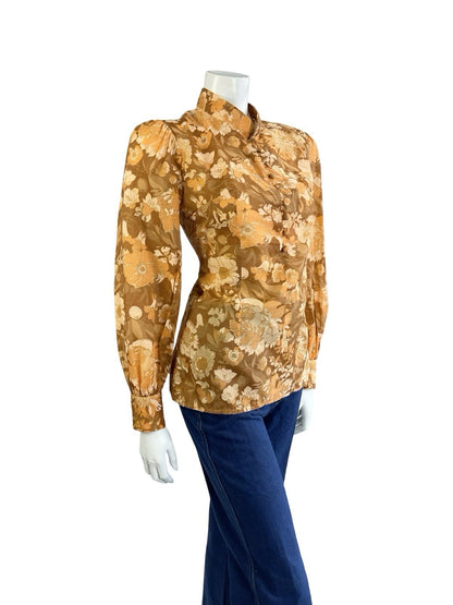 VTG 60S 70S ORANGE BEIGE BROWN HIPPY PSYCHEDELIC FLORAL MANDARIN COLLAR SHIRT 12