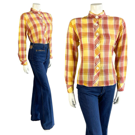 VTG 60S 70S YELLOW RED CREAM TARTAN PLAID MANDARIN COLLAR PRAIRIE SHIRT 14