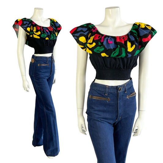 VTG 70S 80S BLACK YELLOW BLUE PINK GREEN NEW WAVE DISCO BARDOT CROP TOP 10 12
