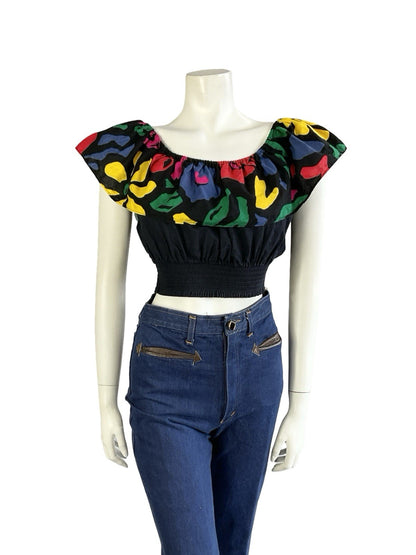 VTG 70S 80S BLACK YELLOW BLUE PINK GREEN NEW WAVE DISCO BARDOT CROP TOP 10 12