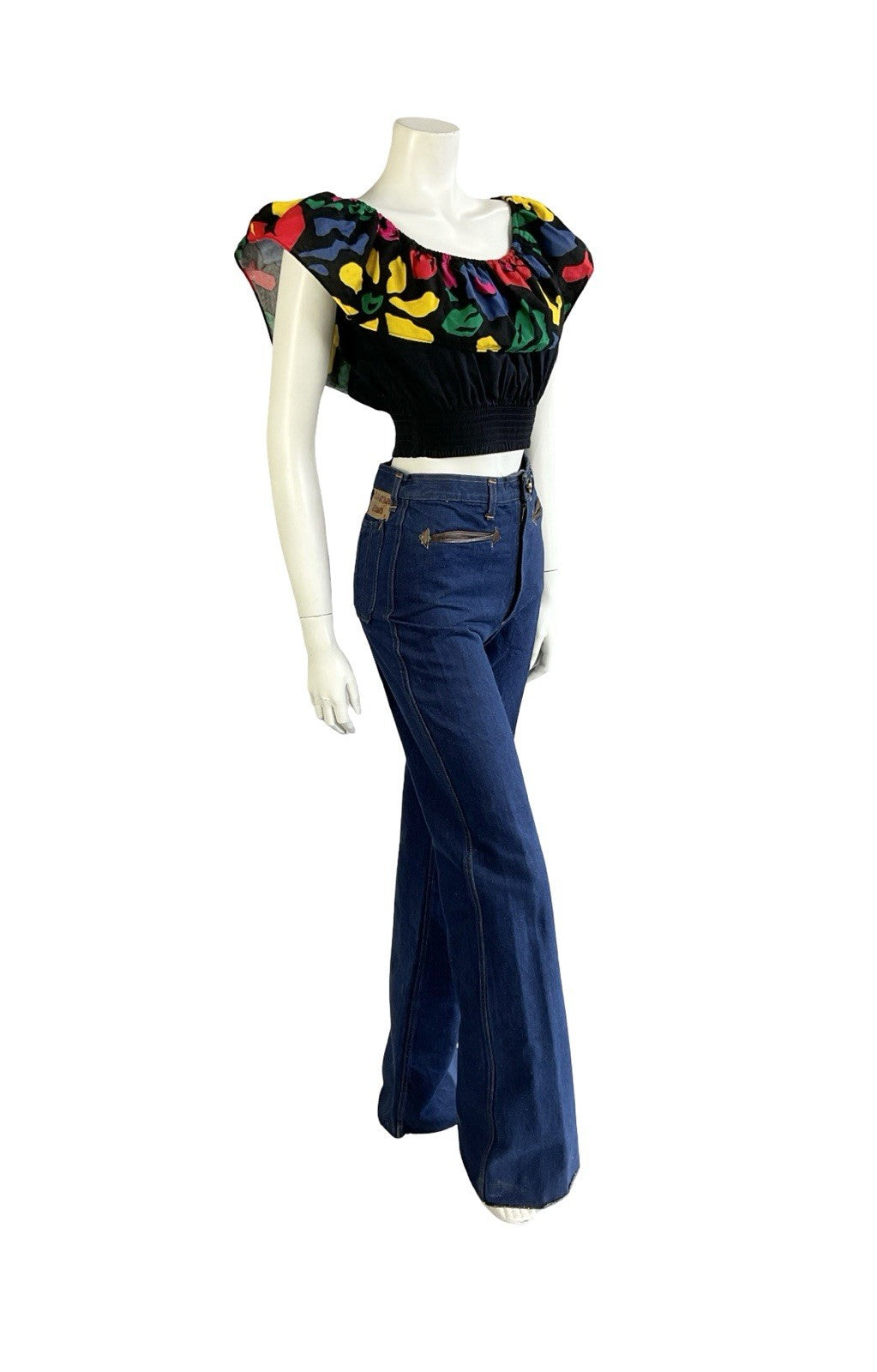 VTG 70S 80S BLACK YELLOW BLUE PINK GREEN NEW WAVE DISCO BARDOT CROP TOP 10 12