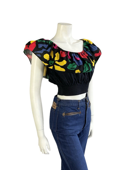 VTG 70S 80S BLACK YELLOW BLUE PINK GREEN NEW WAVE DISCO BARDOT CROP TOP 10 12