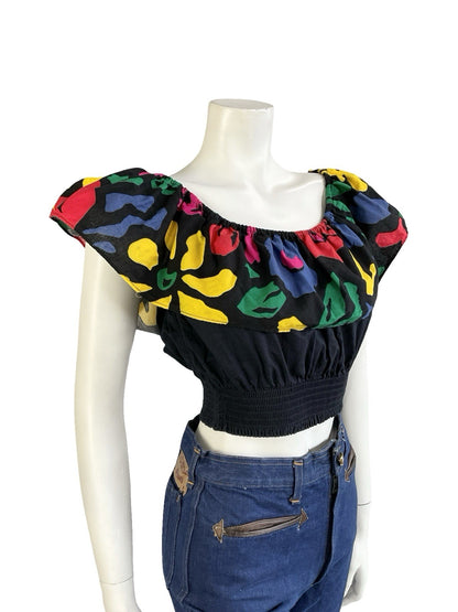 VTG 70S 80S BLACK YELLOW BLUE PINK GREEN NEW WAVE DISCO BARDOT CROP TOP 10 12