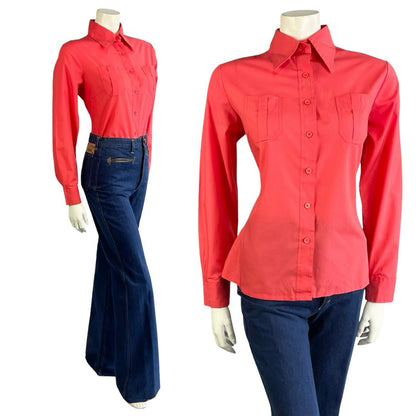 VTG 60S 70S MONOCHROME MOD BRIGHT RED DAGGER COLLAR SHIRT 14