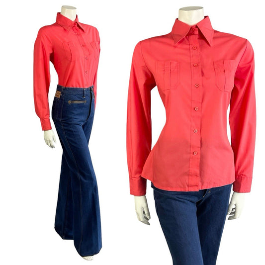 VTG 60S 70S MONOCHROME MOD BRIGHT RED DAGGER COLLAR SHIRT 14