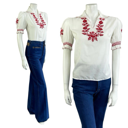 VTG 70S WHITE RED COTTON FOLK FLORAL EMBROIDERED PUFF SLEEVE OPEN COLLAR TOP 10