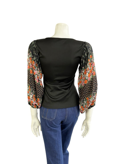 VTG 70S BLACK RED PINK GREEN BOHO FLORAL MESH BISHOP SLEEVE KEYHOLE TOP 6 8
