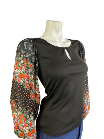VTG 70S BLACK RED PINK GREEN BOHO FLORAL MESH BISHOP SLEEVE KEYHOLE TOP 6 8