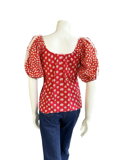 VTG 70S RED WHITE FLORAL CROCHET COTTAGE PUFF SLEEVE TIE NECK BLOUSE 6 XS