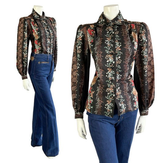 VTG 70S LUCIE LINDEN BLACK BROWN RED BLUE FLORAL FOLK PETER PAN COLLAR SHIRT 12